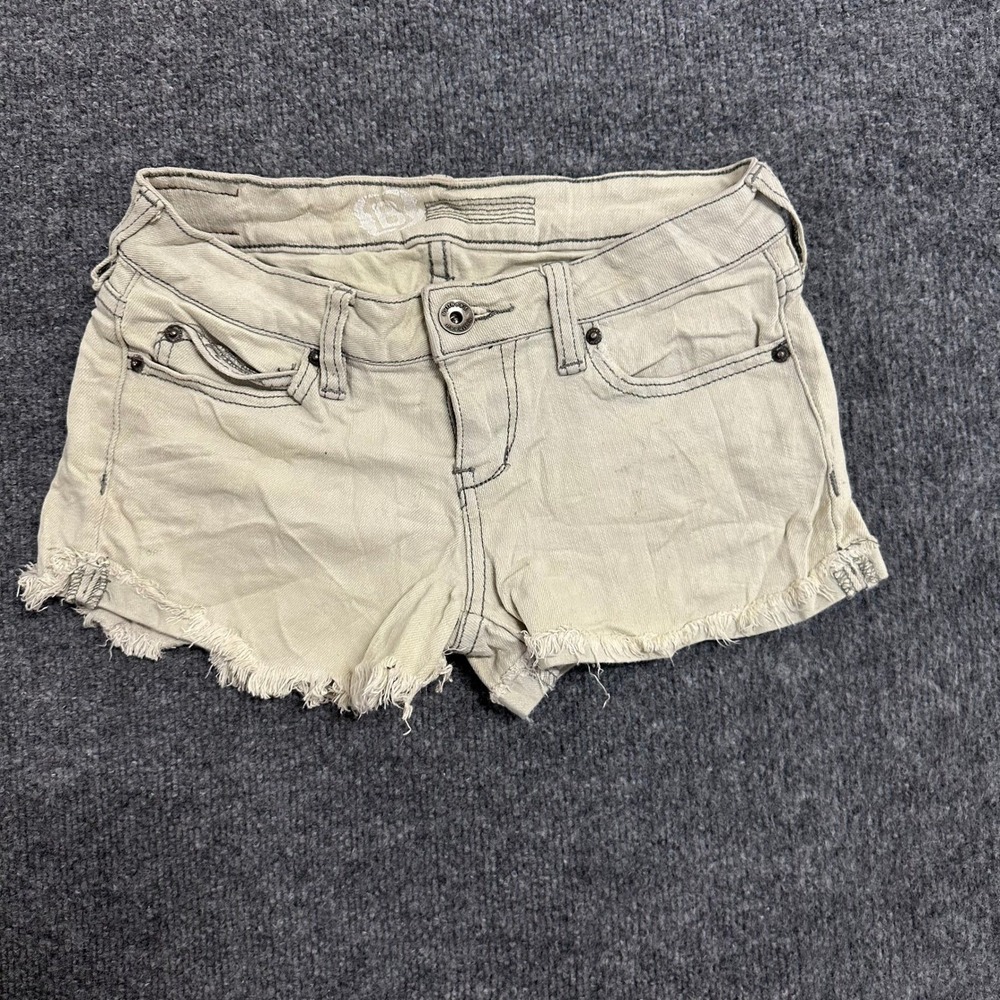 Bullhead Denim Shorts Womens Size 1 Beige Low Rise Frayed Hem Casual Cotton